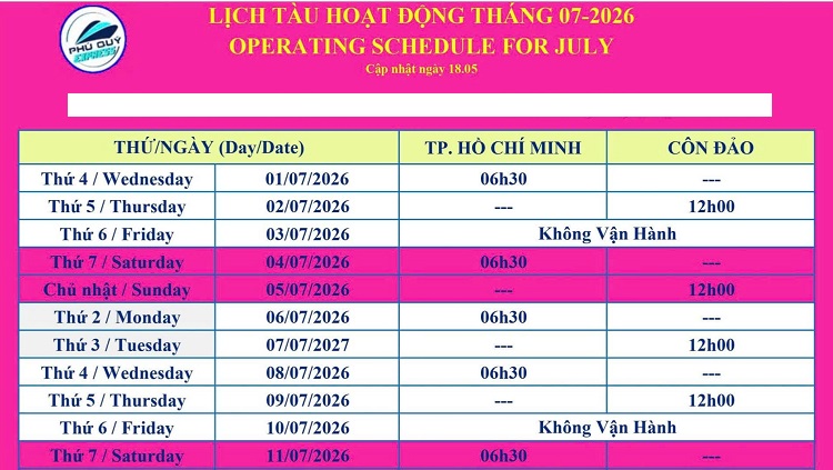 Lịch tàu Sài Gòn (HCM) - Côn Đảo 7/2026