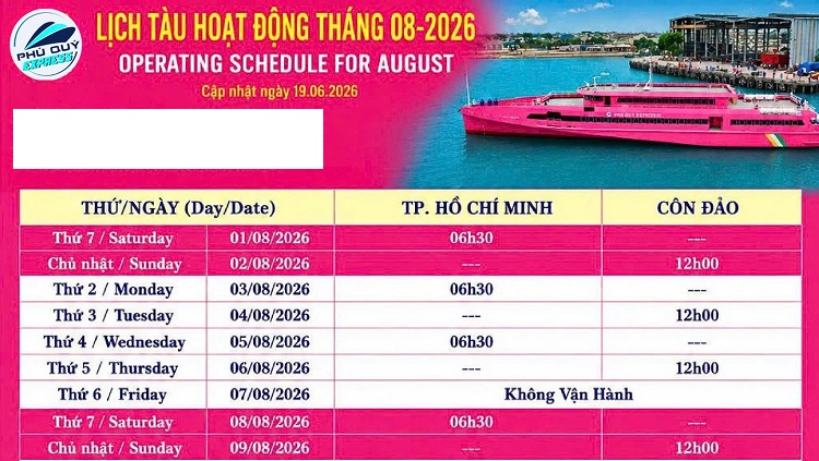 Lịch tàu Sài Gòn - Côn Đảo 8/2026